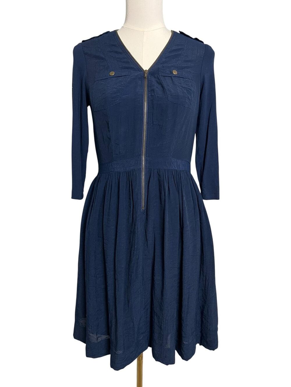Parameter Fit & Flare Shirt Dress Womens 4 Blue Zip Front 3/4 Sleeve Knee Length